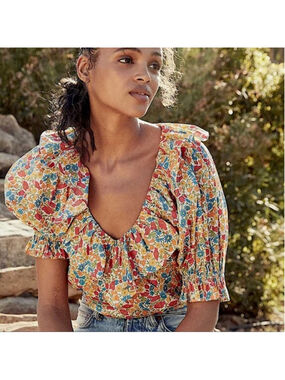 Doen Constance Top Liberty Fabric Floral Poppy Blouse Ruffle Puff Sleeve Boho L